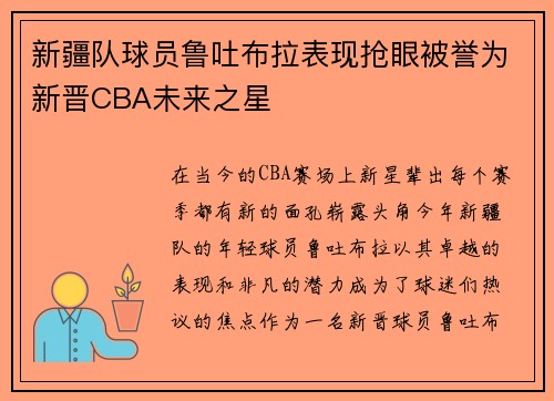 新疆队球员鲁吐布拉表现抢眼被誉为新晋CBA未来之星